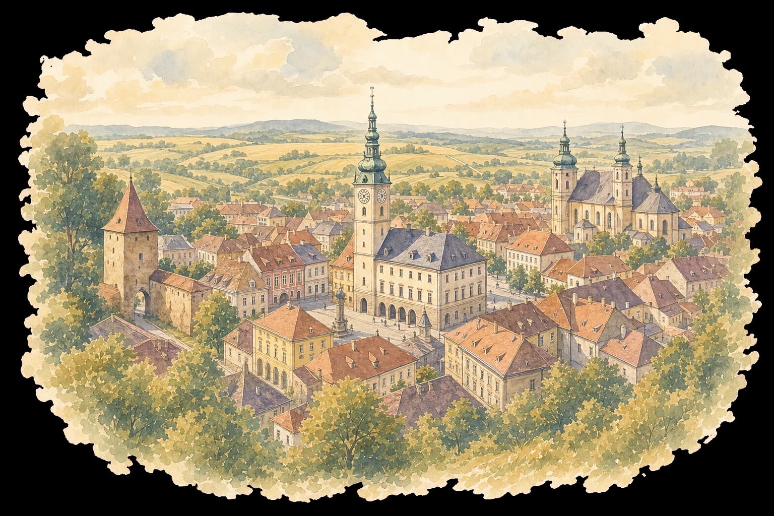 Akvarelová ilustrace Uničova s radniční věží, Medelskou bránou a historickým centrem