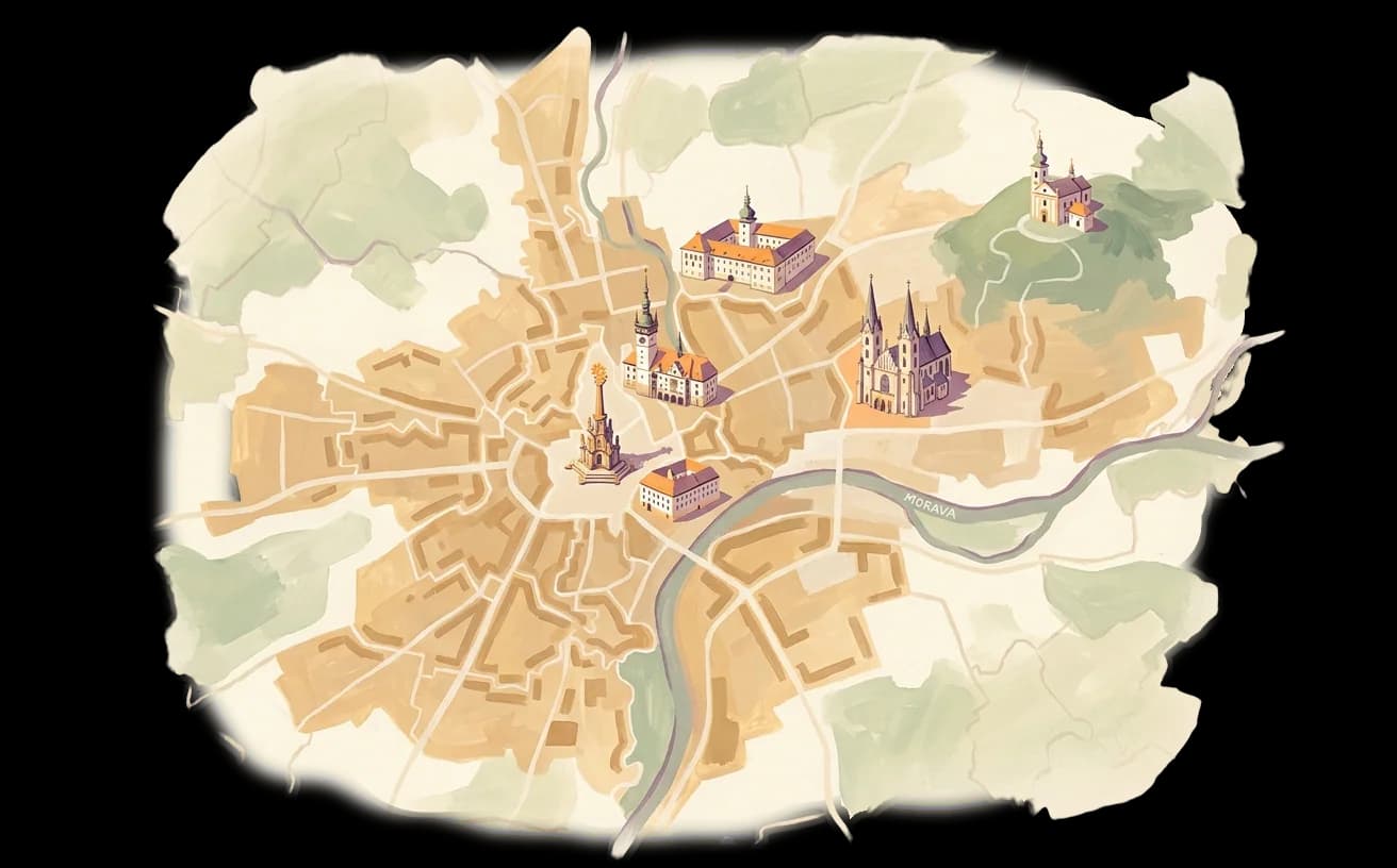 Ručně malovaná mapa Olomouce a okolí.
