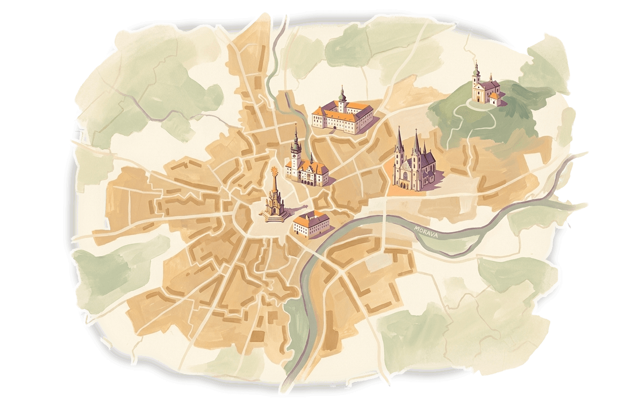 Ručně malovaná mapa Olomouce s vyznačením městských částí a okolí.