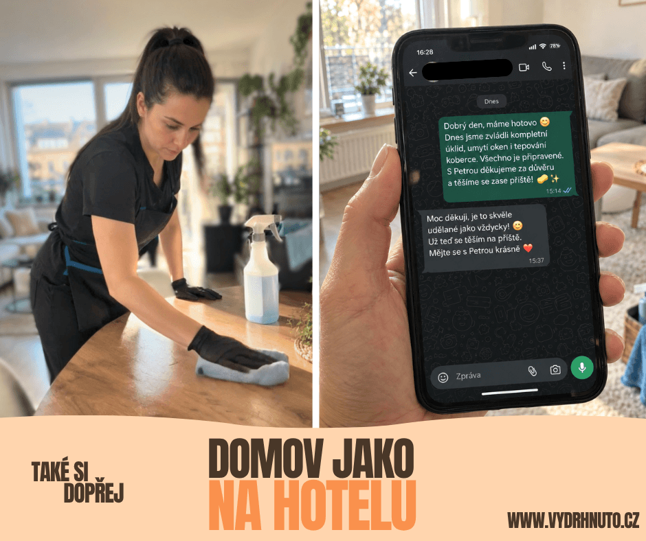 Domov jako na hotelu. Otírání stolu a poděkování zákazníka po úklidu.