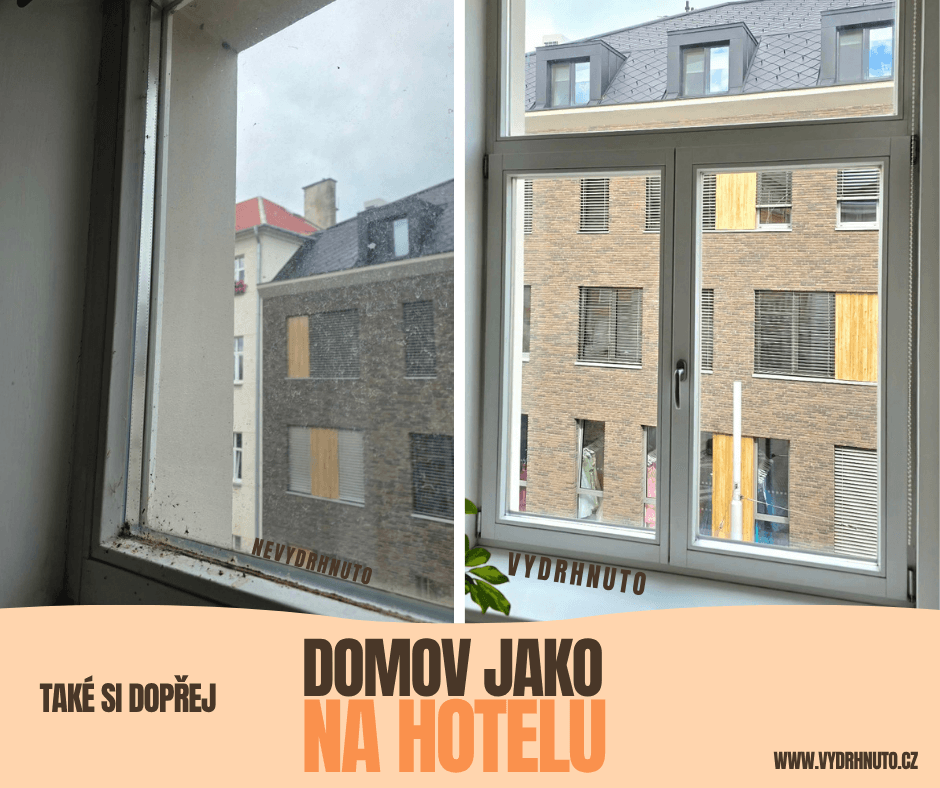 Domov jako na hotelu. Okno a rám před mytím a po něm.
