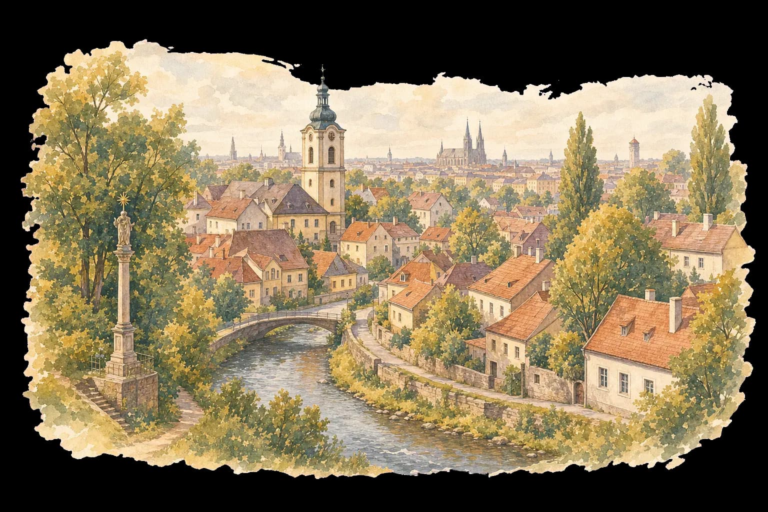 Akvarelová ilustrace Bělidel s Bystřičkou, historickou zvonicí a křivolakými uličkami