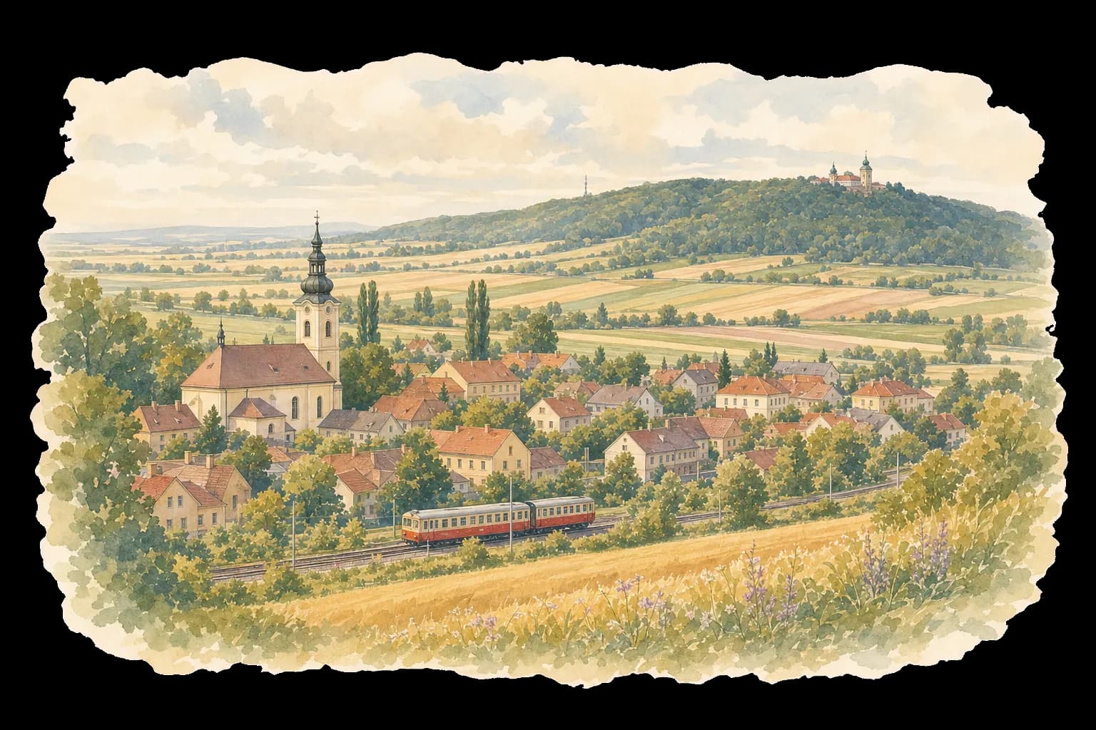 Akvarelová ilustrace Bohuňovic s kostelem, železnicí, rodinnými domy a hanáckými poli