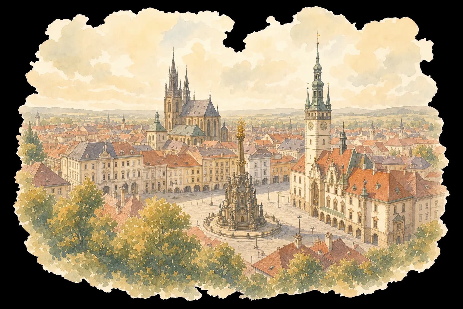 Akvarelová ilustrace centra Olomouce se sloupem Nejsvětější Trojice, radnicí a katedrálou