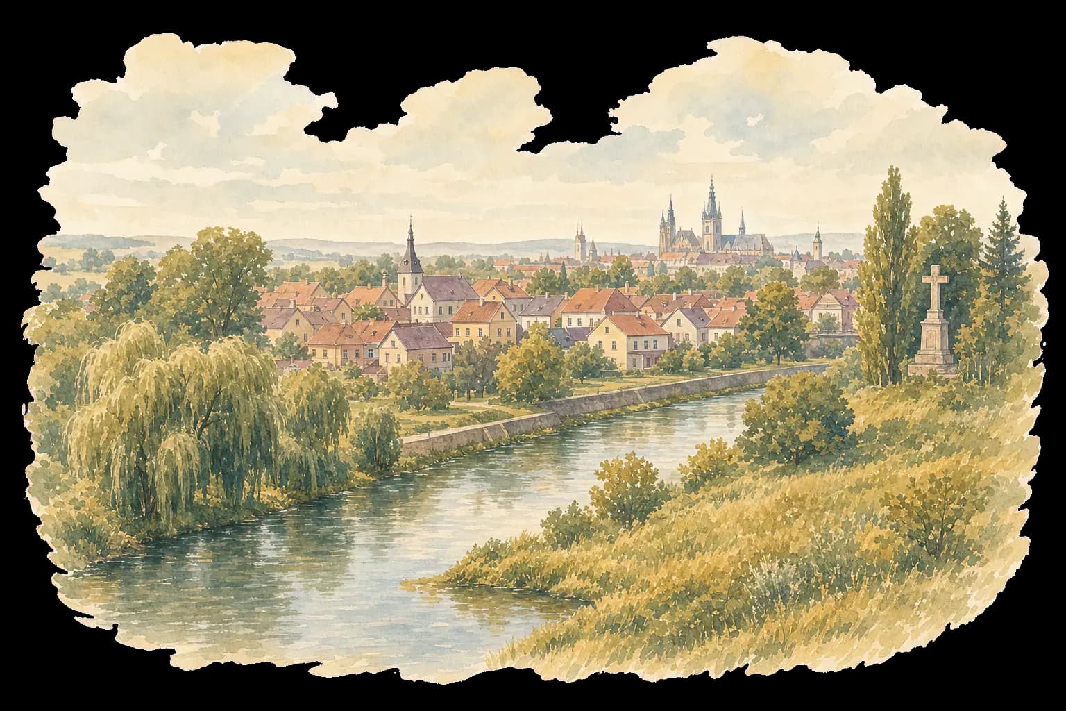 Akvarelová ilustrace Černovíra s řekou Moravou, lužní zelení a obytnou zástavbou