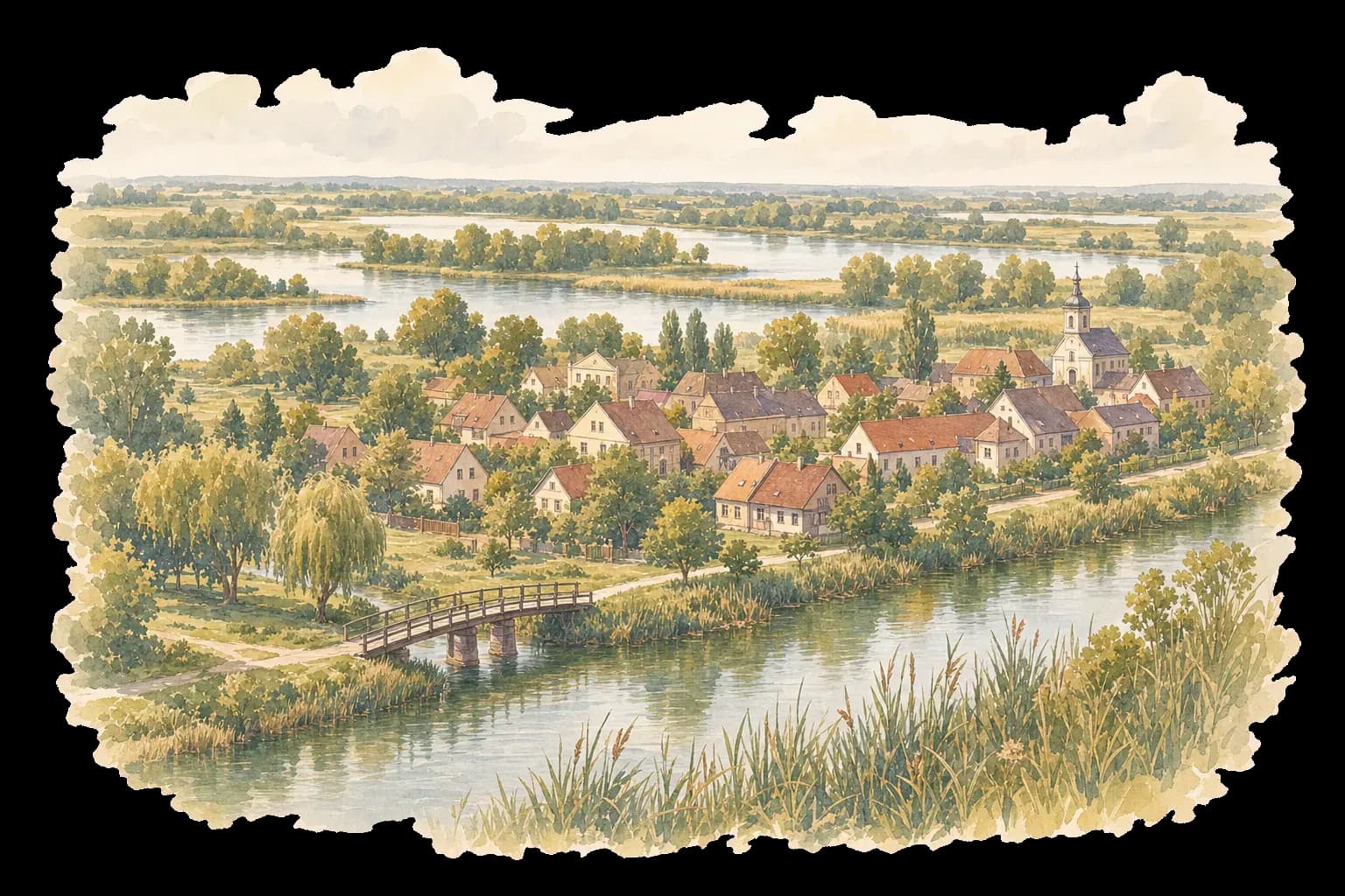 Akvarelová ilustrace Chomoutova s řekou Moravou, jezerem a krajinou Litovelského Pomoraví