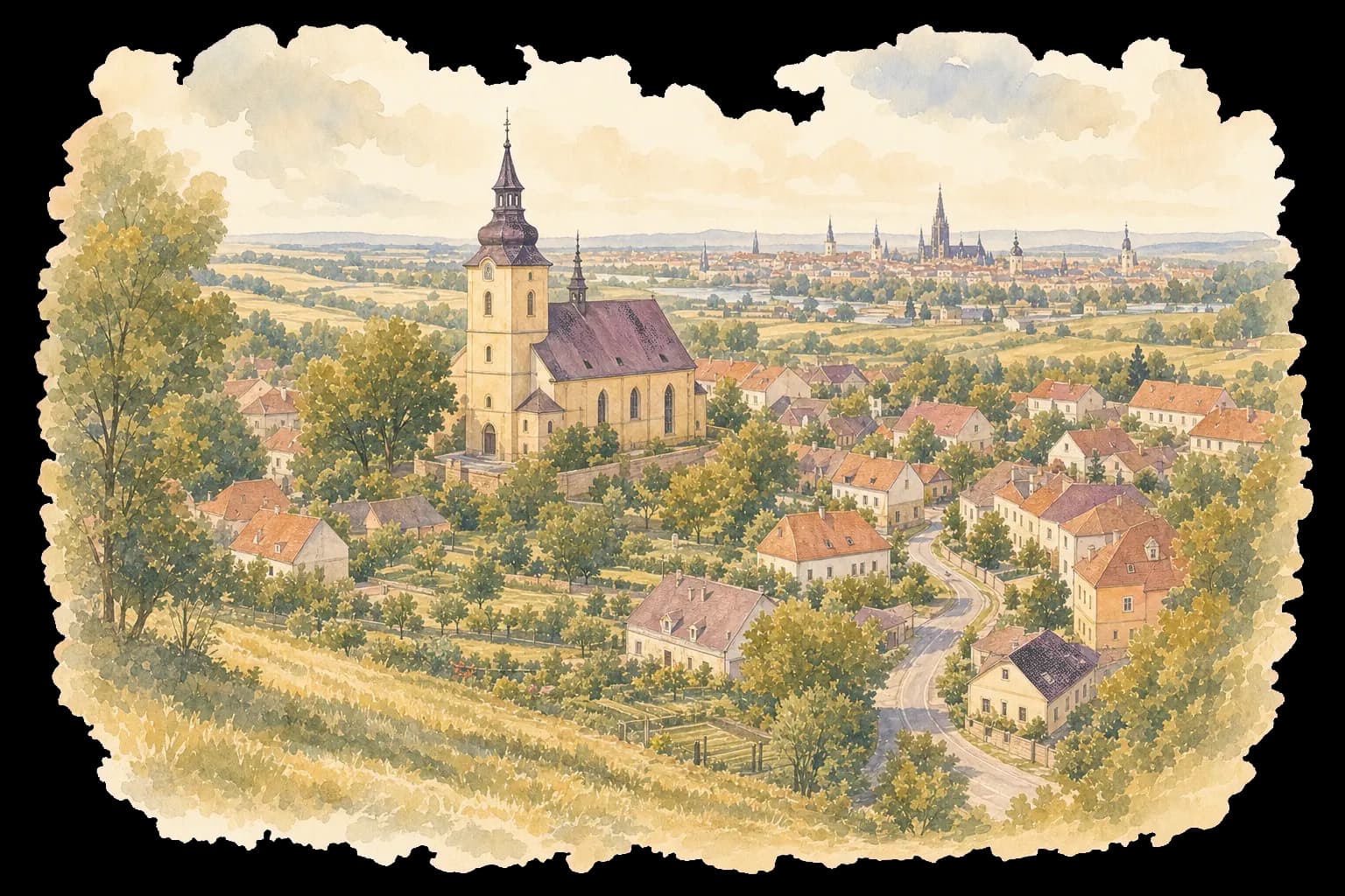 Akvarelová ilustrace Chválkovic s kostelem, zahradami a panoramatem Olomouce