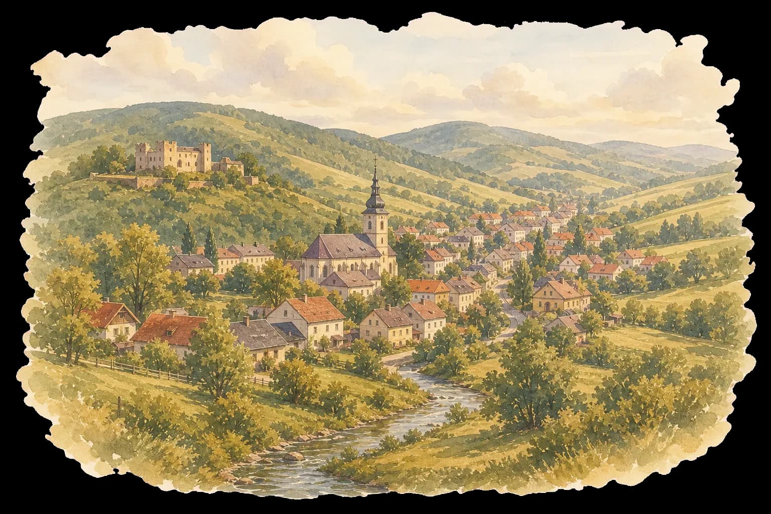 Akvarelová ilustrace Dlouhé Loučky s kostelem, zámkem a krajinou Nízkého Jeseníku