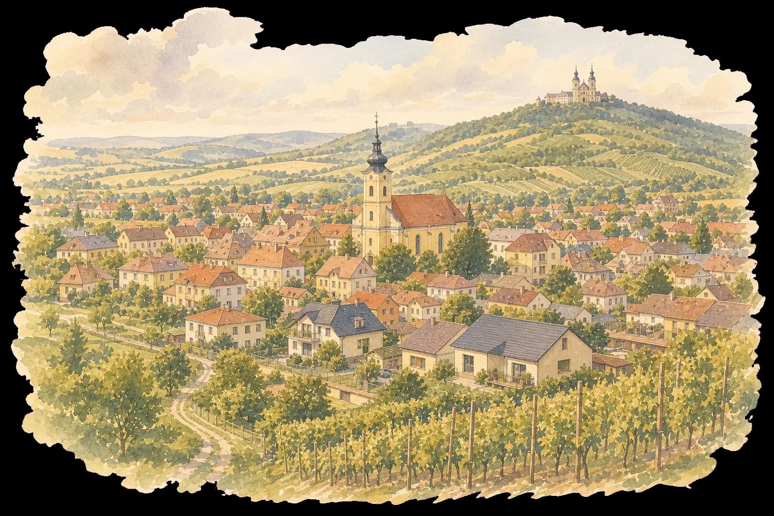 Akvarelová ilustrace Dolan s kostelem, rodinnými domy, vinicemi a podhůřím