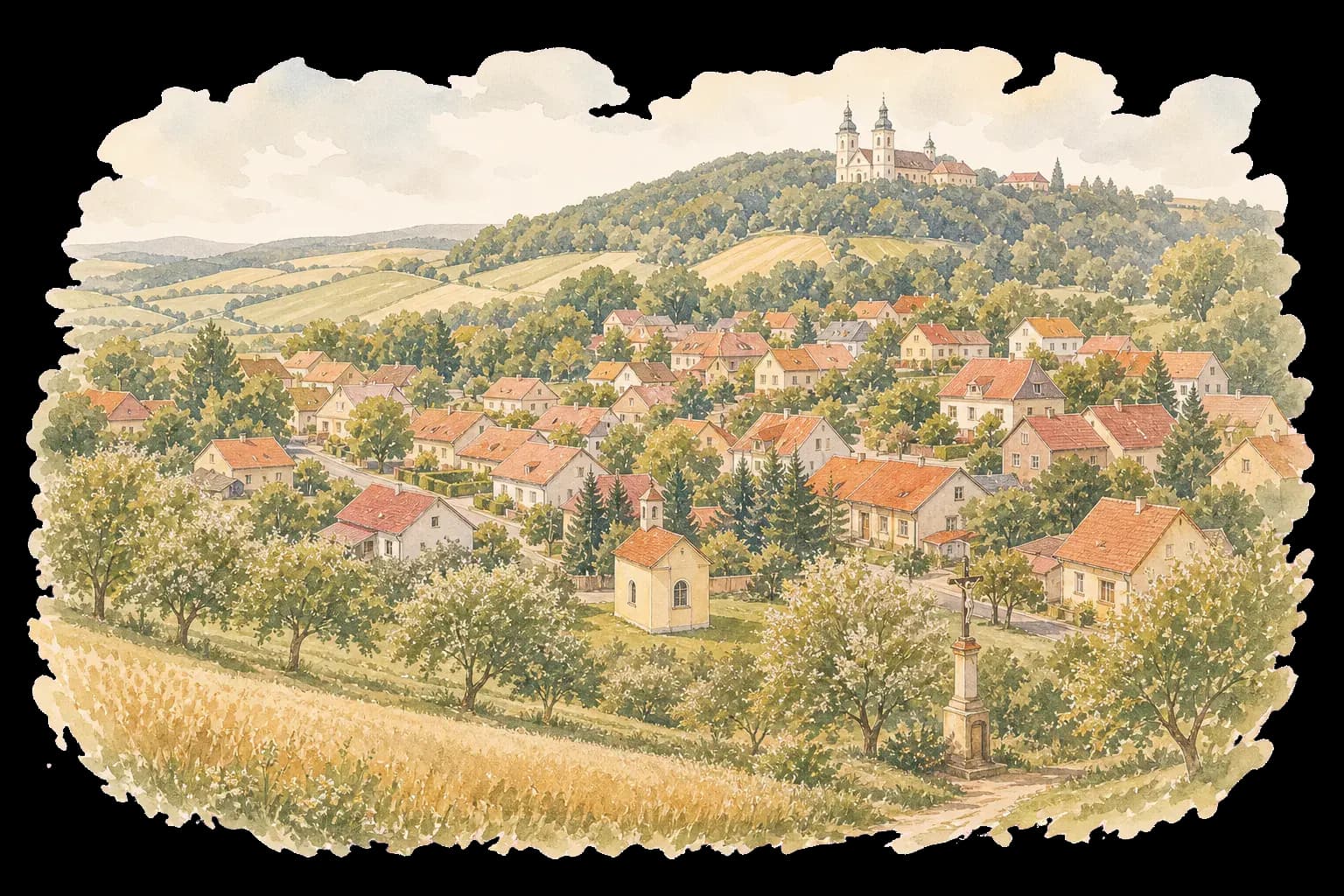 Akvarelová ilustrace Droždína s rodinnými domy, sady a bazilikou na Svatém Kopečku