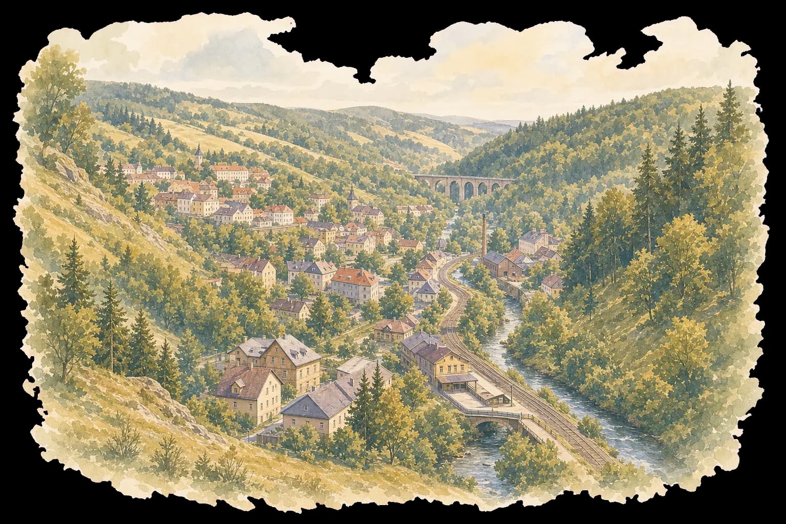 Akvarelová ilustrace Hluboček s údolím Bystřice, železnicí, řekou a lesnatými svahy
