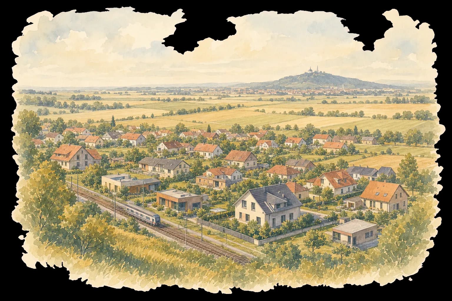 Akvarelová ilustrace Hlušovic s rodinnými domy, železnicí a krajinou Hané