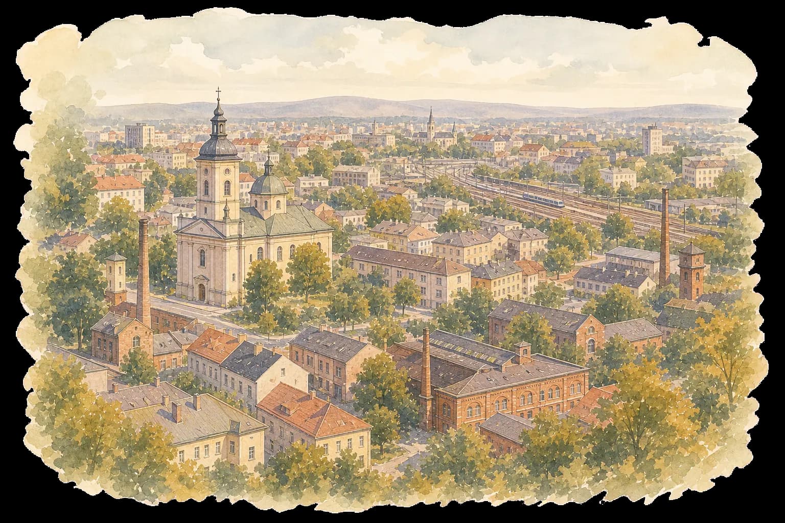 Akvarelová ilustrace Hodolan s kostelem, obytnými ulicemi a železniční krajinou