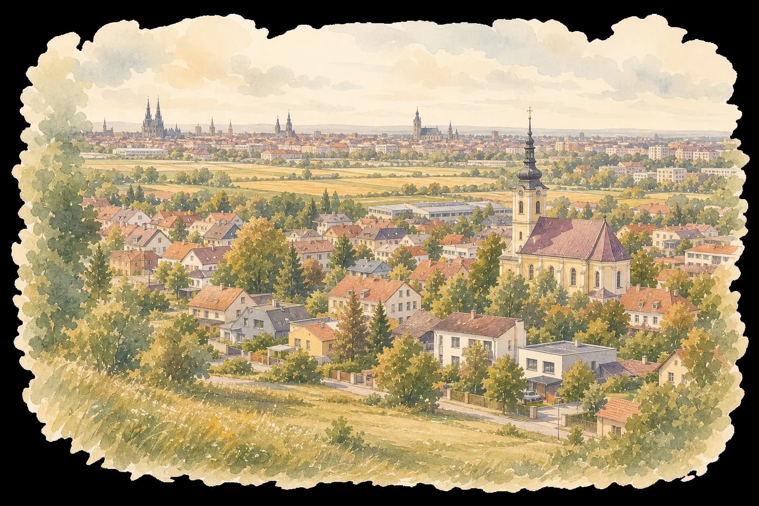 Akvarelová ilustrace Holice s kostelem svatého Urbana, domy a okrajem Olomouce