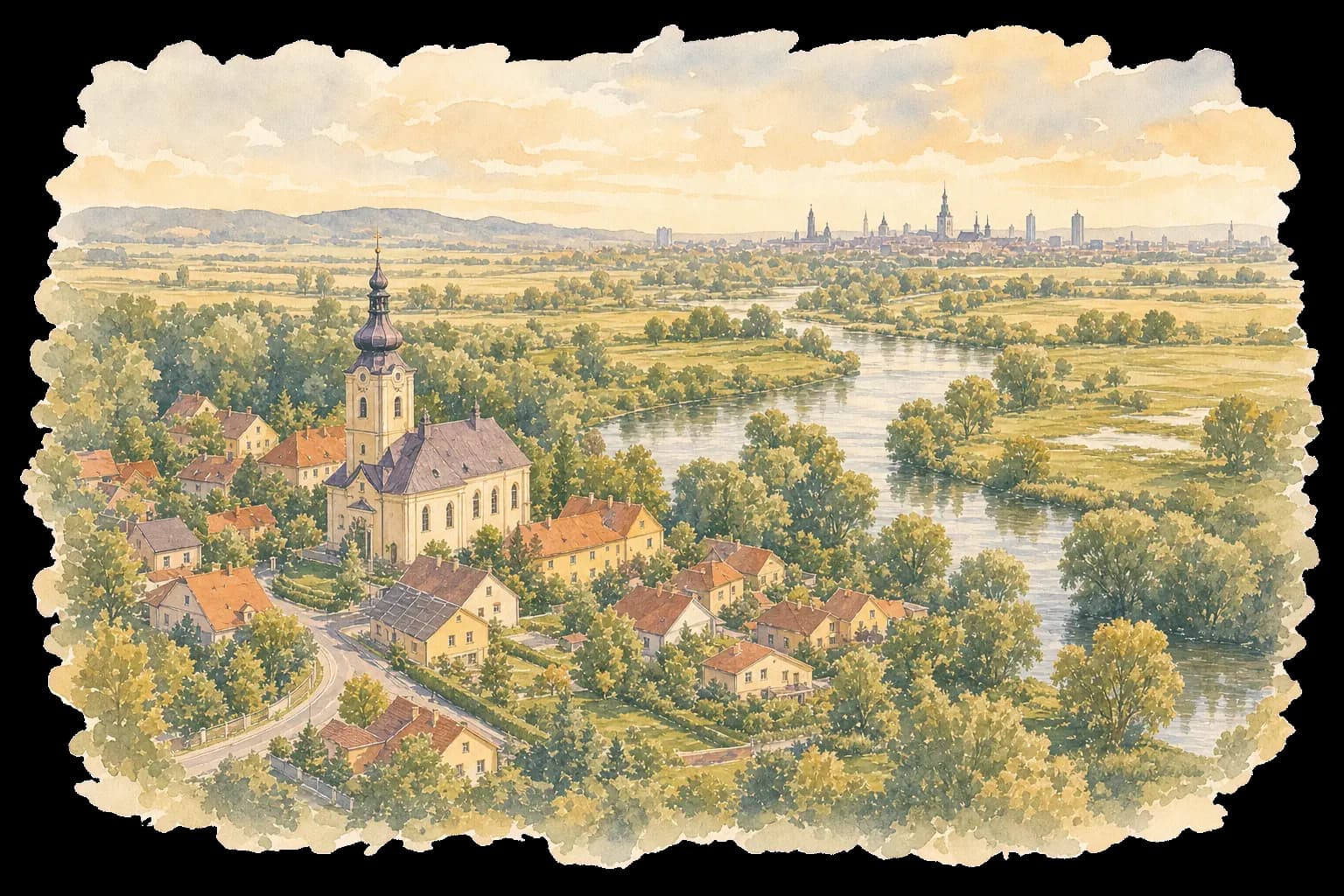 Akvarelová ilustrace Horky nad Moravou s kostelem, řekou a lužní krajinou