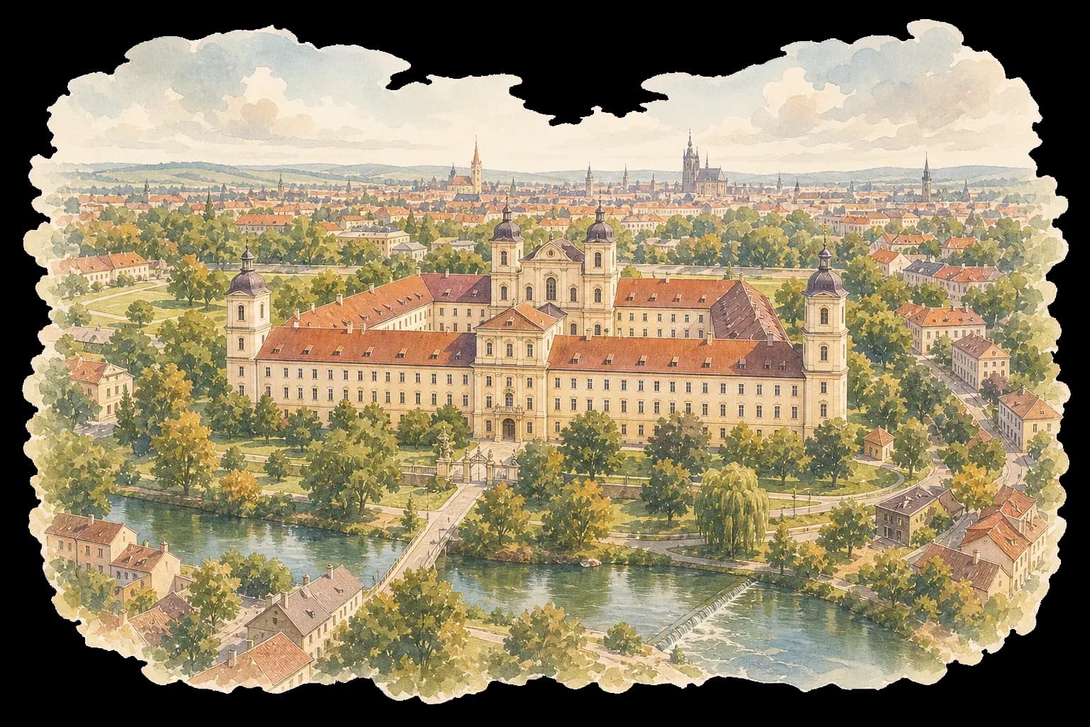 Akvarelová ilustrace Klášterního Hradiska s barokním klášterem, parkem a řekou Moravou
