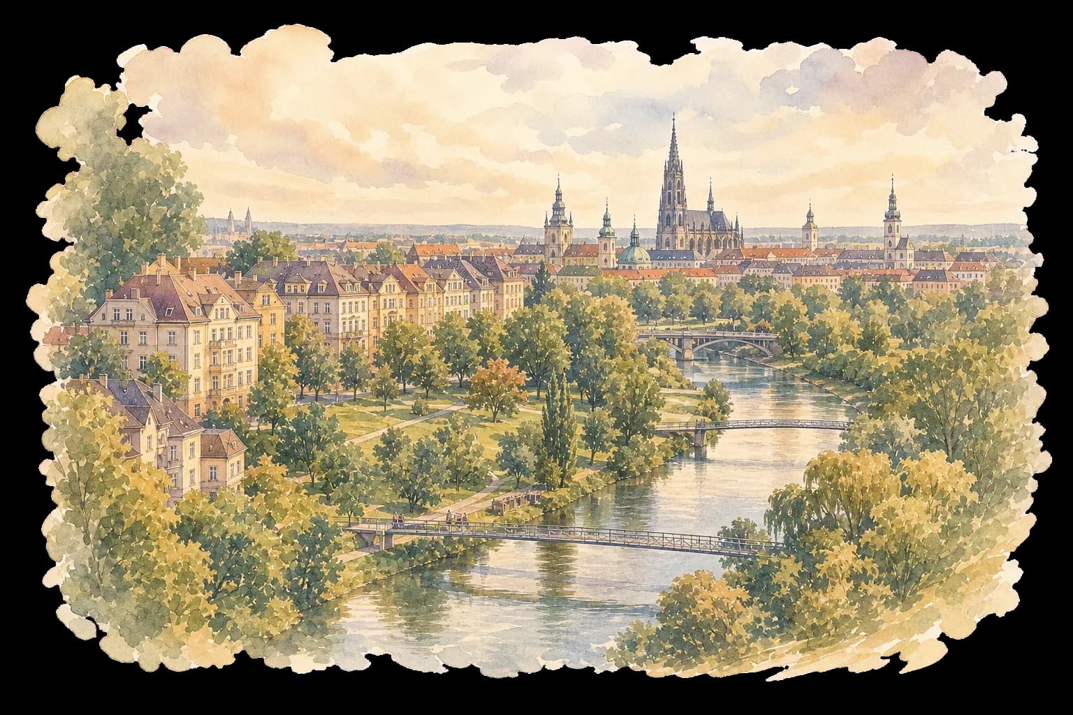 Akvarelová ilustrace Lazců s řekou Moravou, parkem a historickým centrem Olomouce