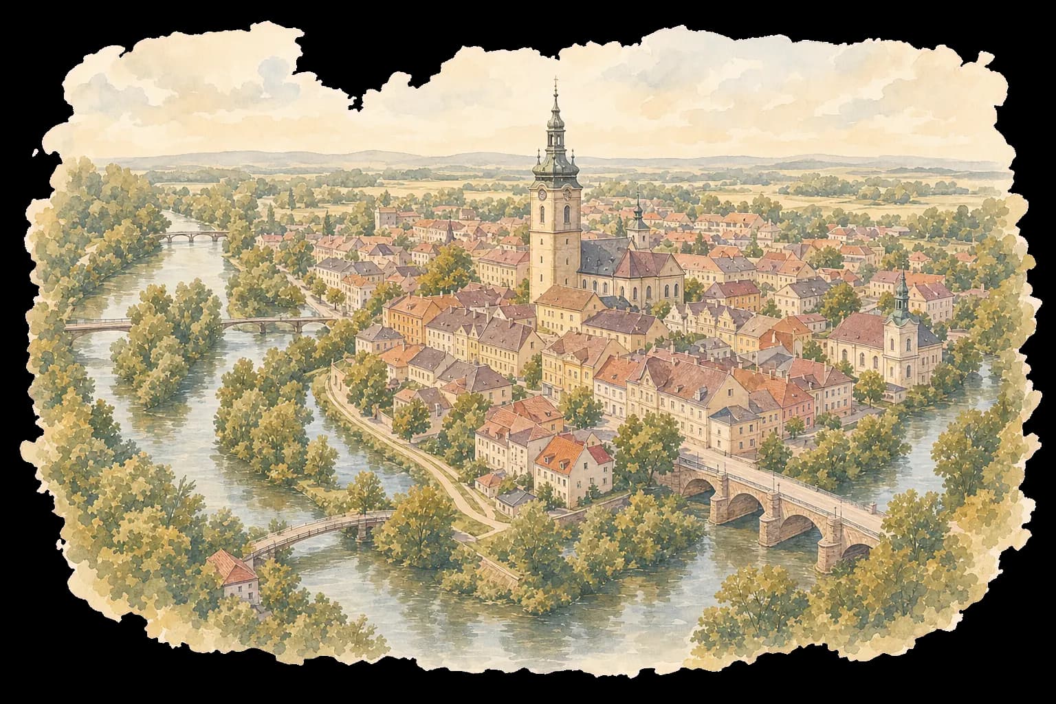 Akvarelová ilustrace Litovle s radniční věží, rameny Moravy a kamennými mosty