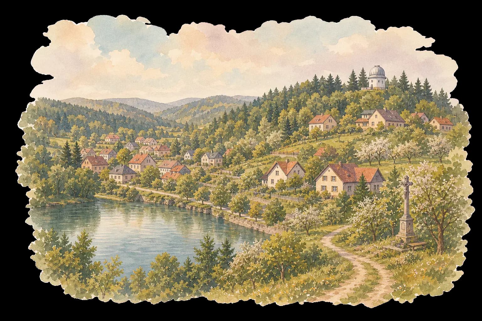 Akvarelová ilustrace Lošova s přehradou, rodinnými domy, lesy a hvězdárnou