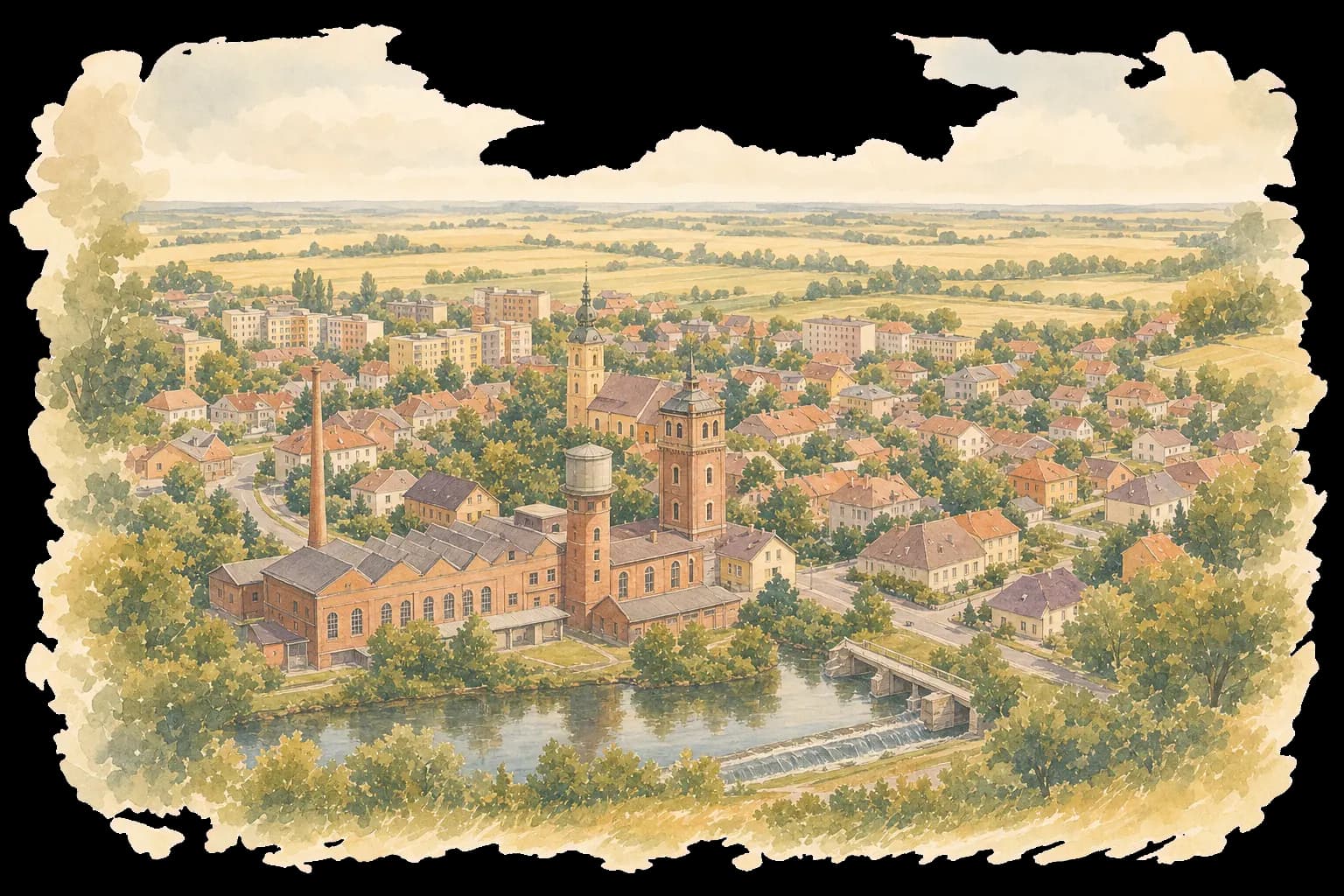 Akvarelová ilustrace Lutína s rodinnými domy, průmyslovým dědictvím a hanáckou krajinou