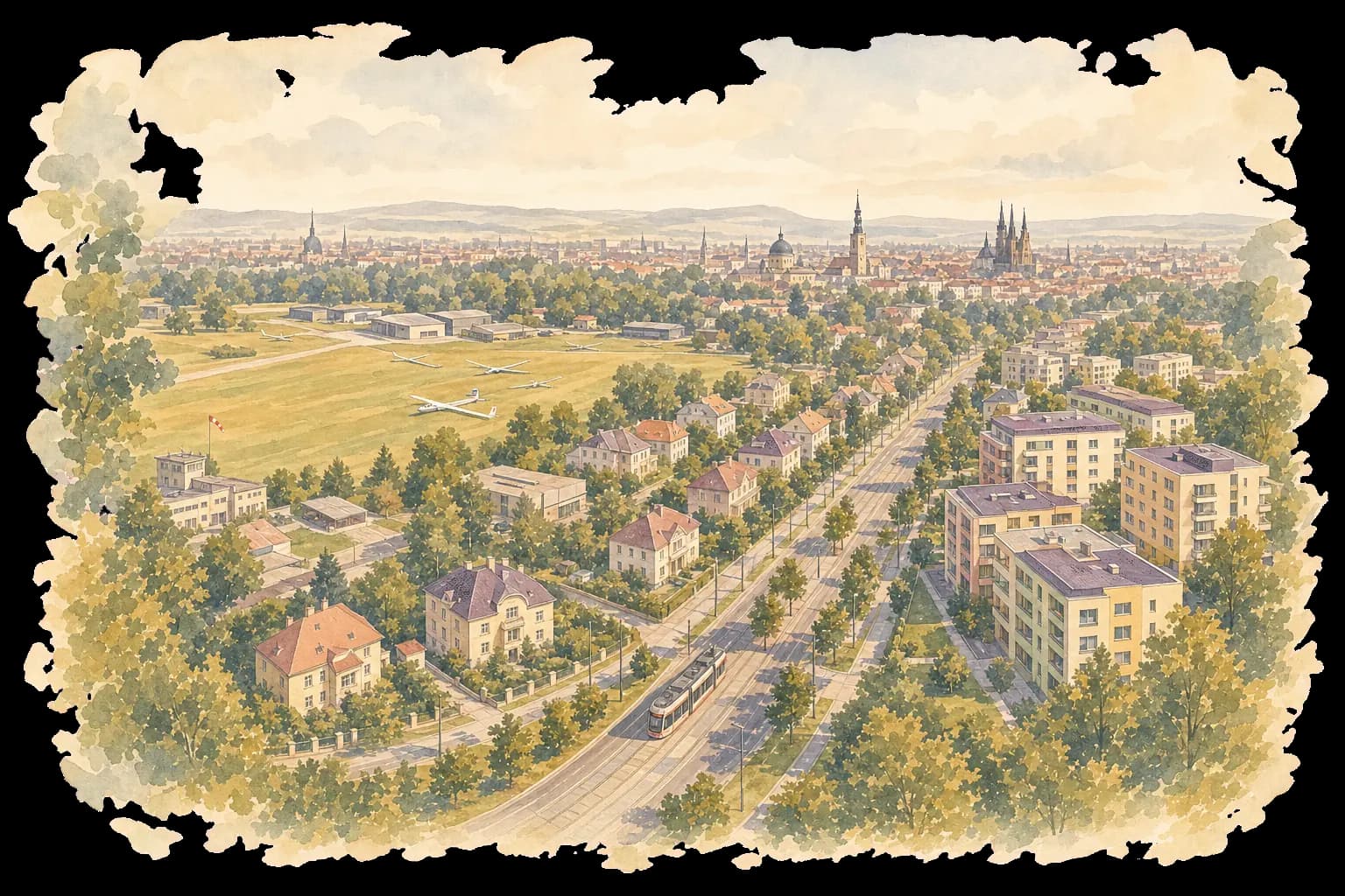 Akvarelová ilustrace Neředína s obytnými domy, zelení a západním okrajem Olomouce