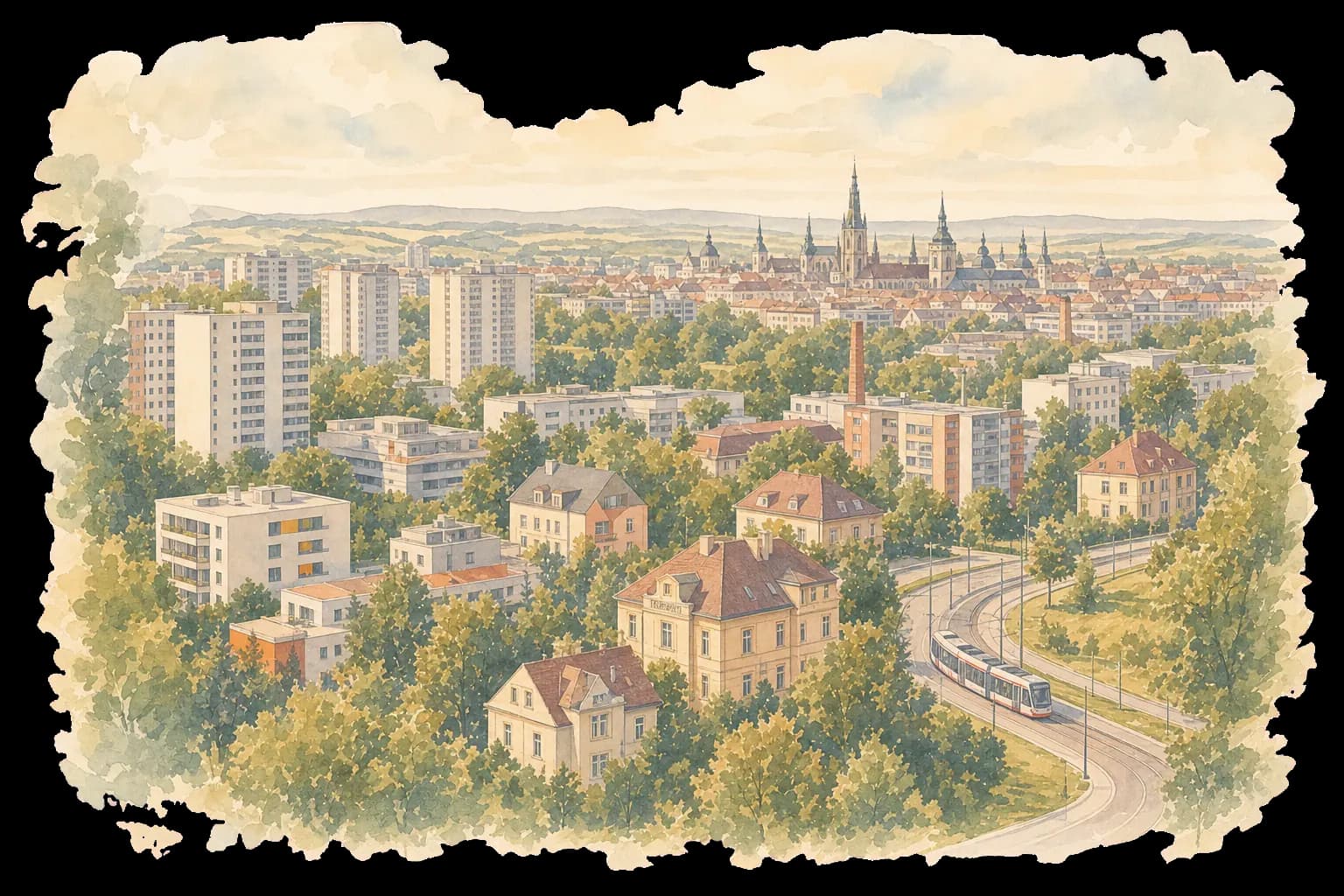Akvarelová ilustrace Nové Ulice s bytovými domy, vilami a tramvajovou tratí