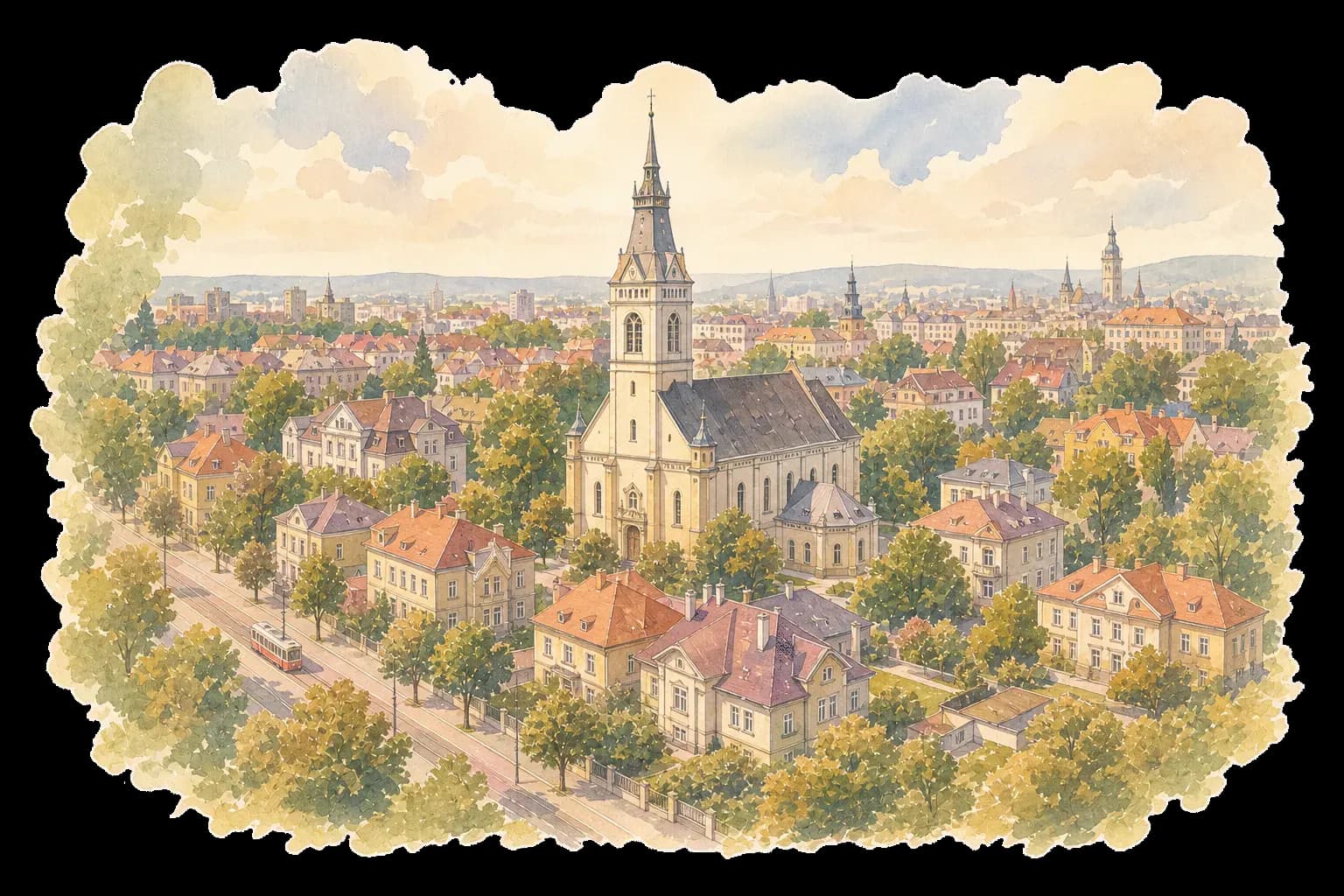 Akvarelová ilustrace Pavloviček s kostelem svatých Cyrila a Metoděje, vilami a tramvají