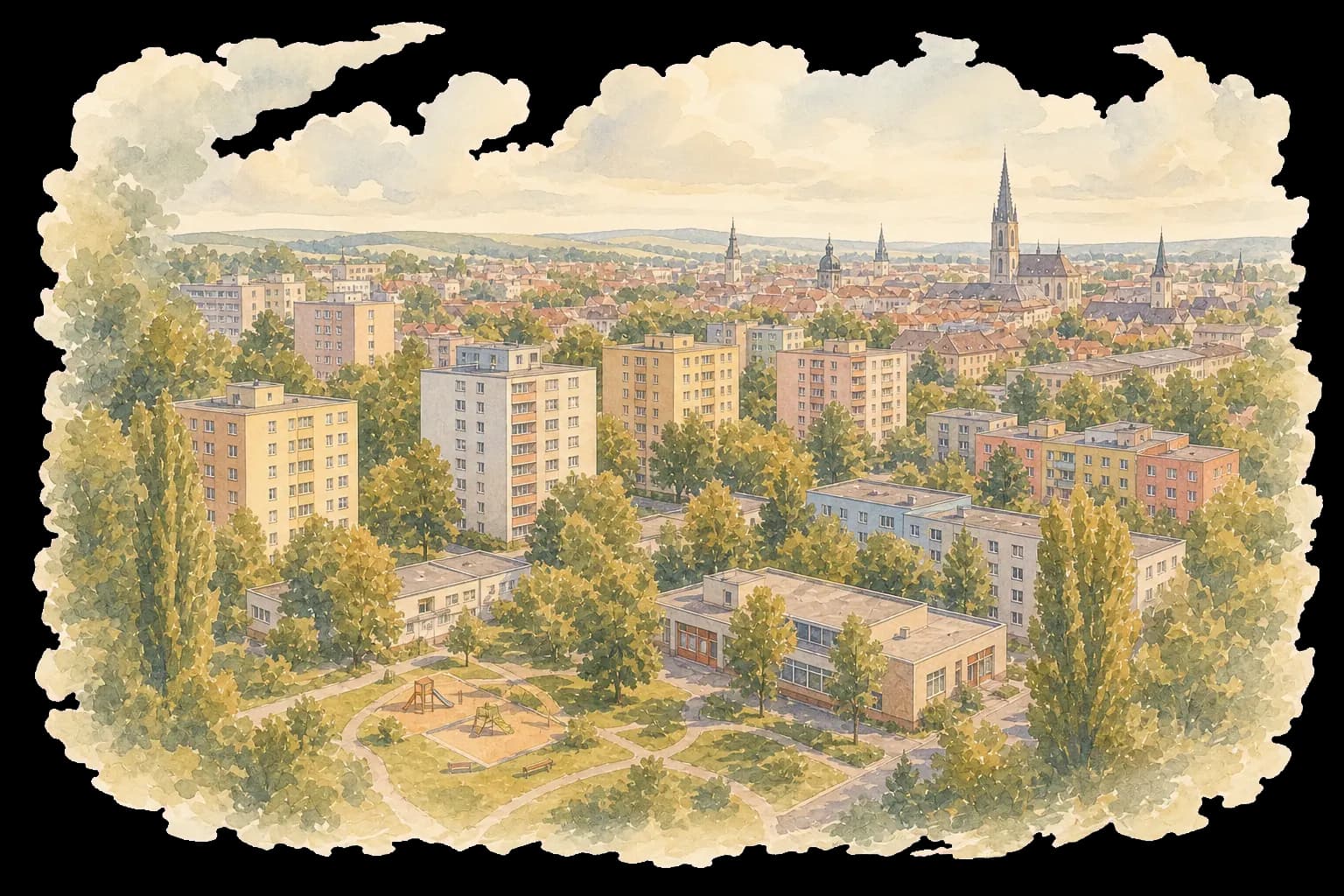 Akvarelová ilustrace Povelu s obytnými domy, zelenými vnitrobloky a Olomoucí v pozadí