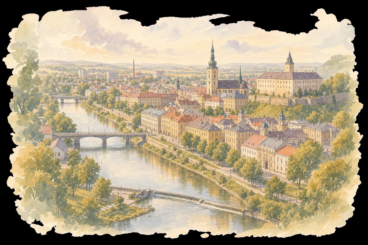 Akvarelová ilustrace Přerova s Horním náměstím, zámkem, řekou Bečvou a mosty