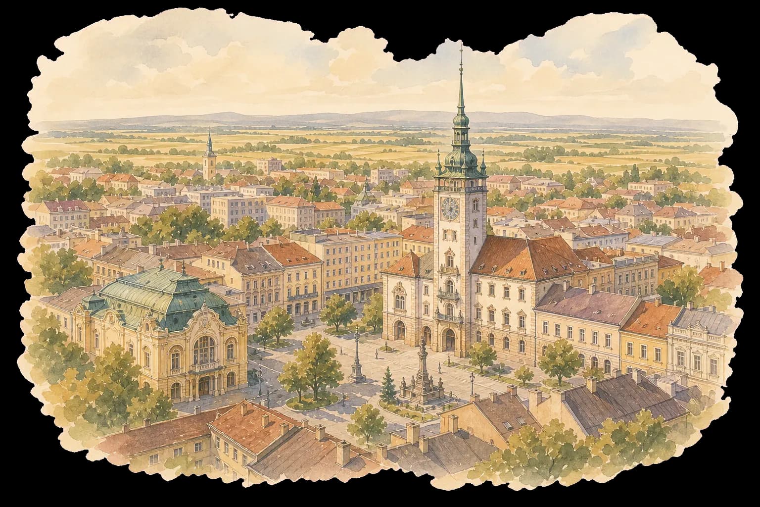 Akvarelová ilustrace Prostějova s Novou radnicí, Národním domem a hlavním náměstím