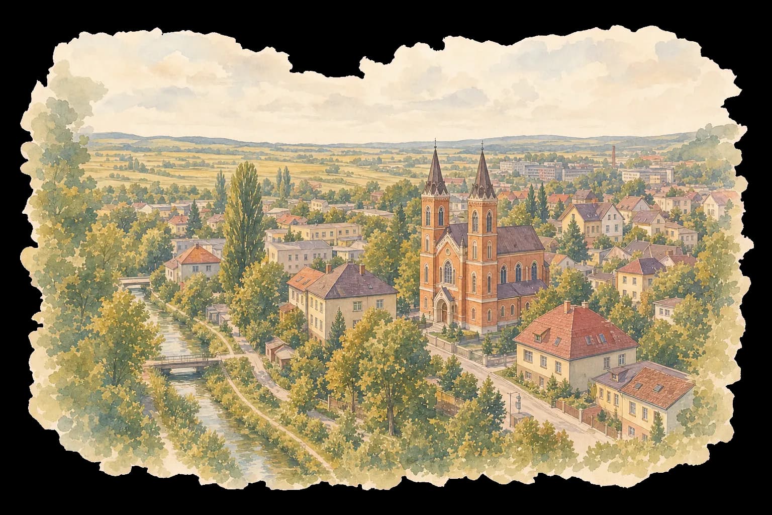 Akvarelová ilustrace Řepčína s červeným kostelem, rodinnými domy a zelení