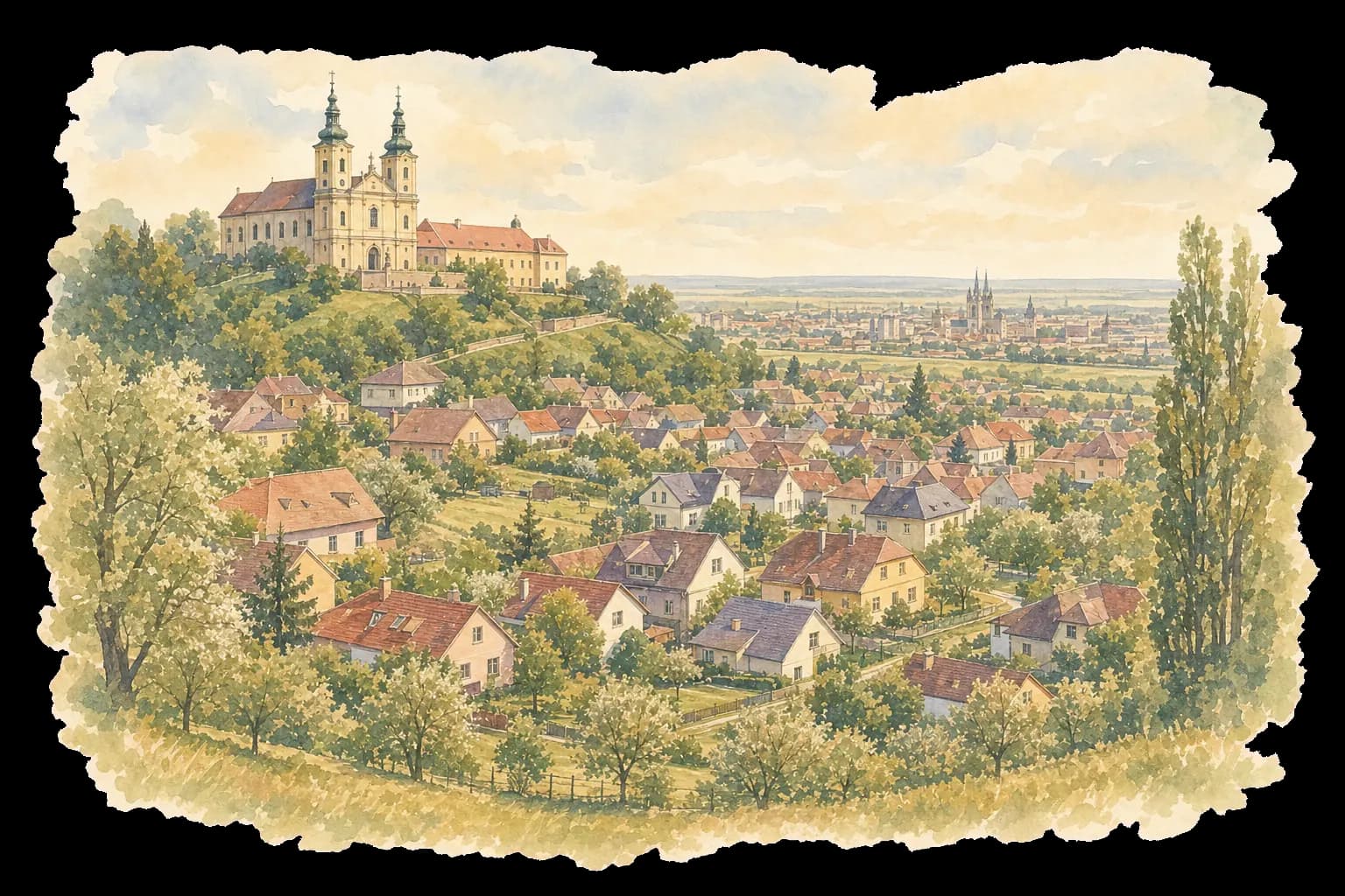 Akvarelová ilustrace Samotišek s rodinnými domy a bazilikou na Svatém Kopečku