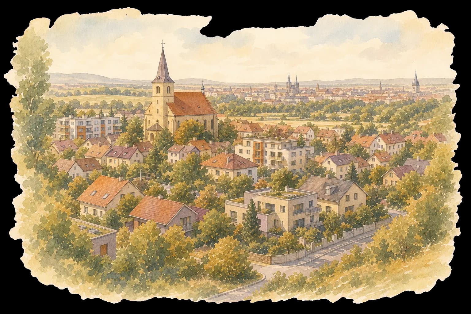 Akvarelová ilustrace Slavonína s kostelem, rodinnými domy a panoramatem Olomouce