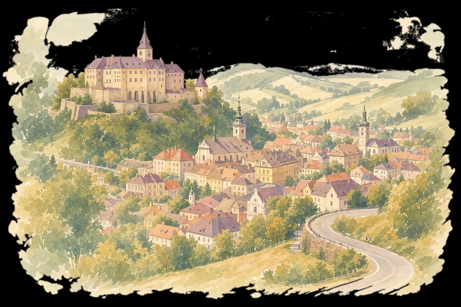 Akvarelová ilustrace Šternberka s hradem, historickým centrem a tratí Ecce Homo