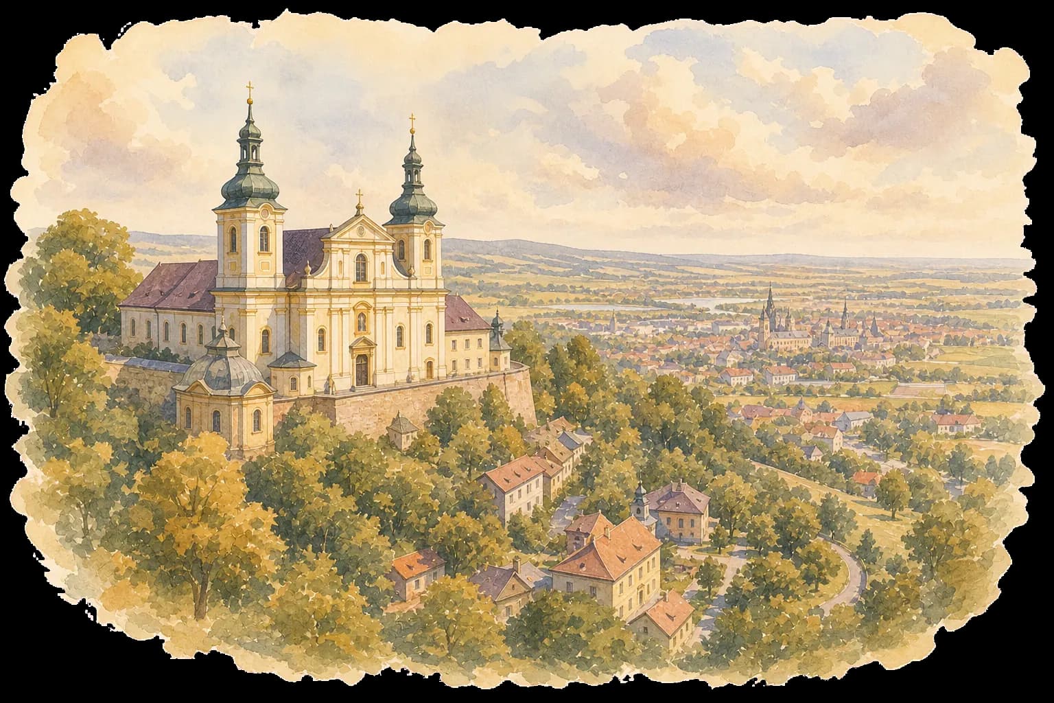 Akvarelová ilustrace Svatého Kopečku s barokní bazilikou a výhledem na Hanou