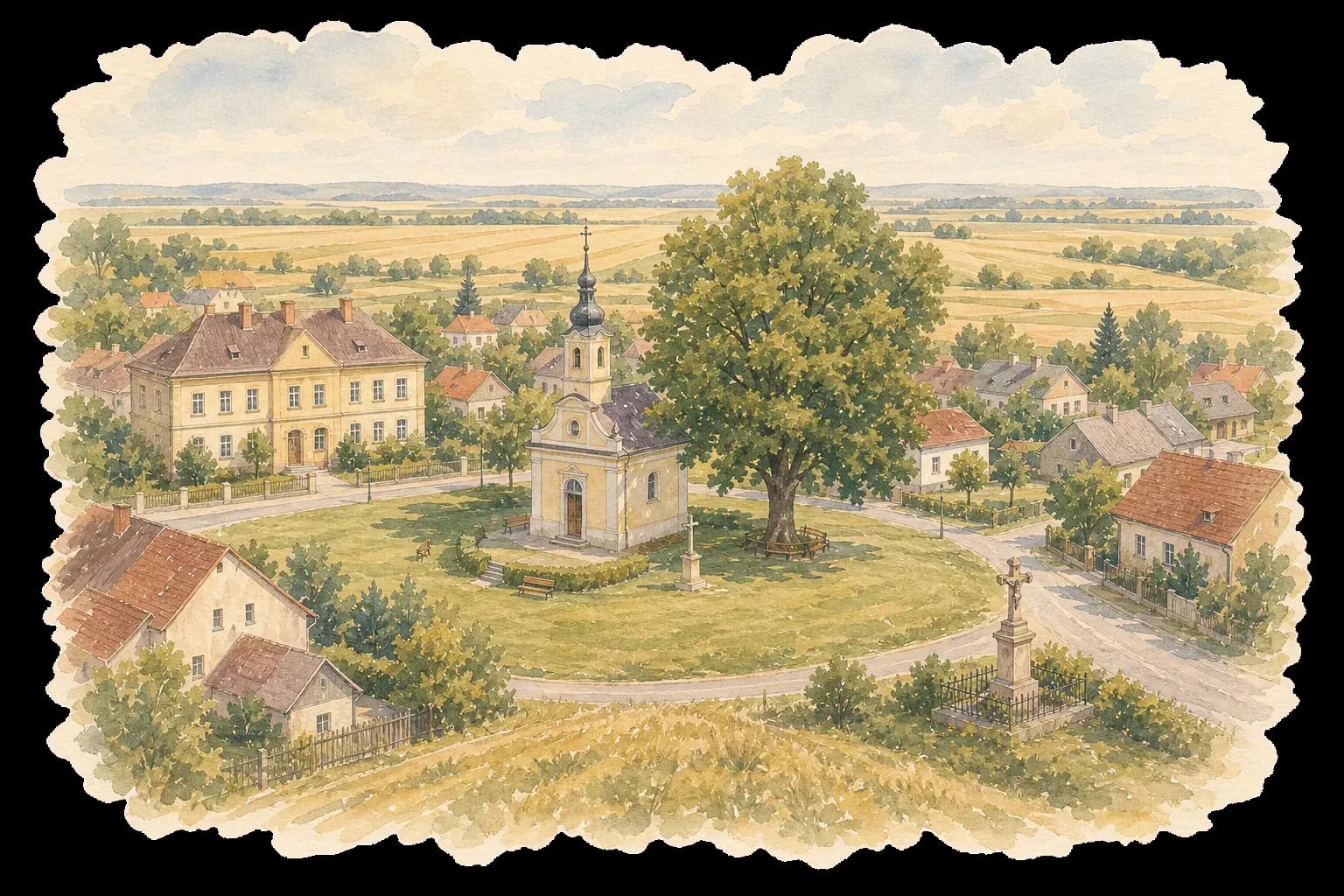Akvarelová ilustrace Týnečka s kaplí, návsí, rodinnými domy a hanáckými poli