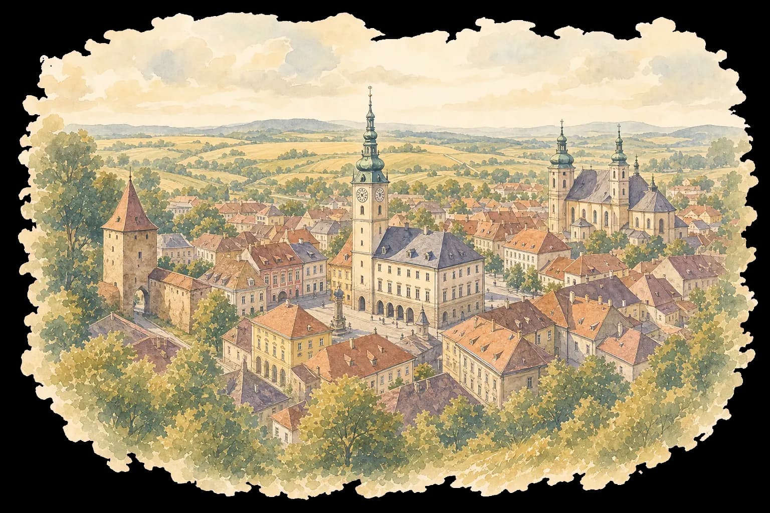 Akvarelová ilustrace Uničova s radniční věží, Medelskou bránou a historickým centrem