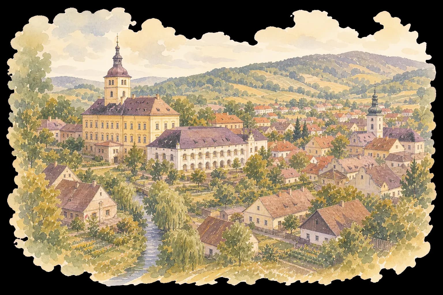 Akvarelová ilustrace Velké Bystřice se zámkem, řekou a podhůřím Nízkého Jeseníku