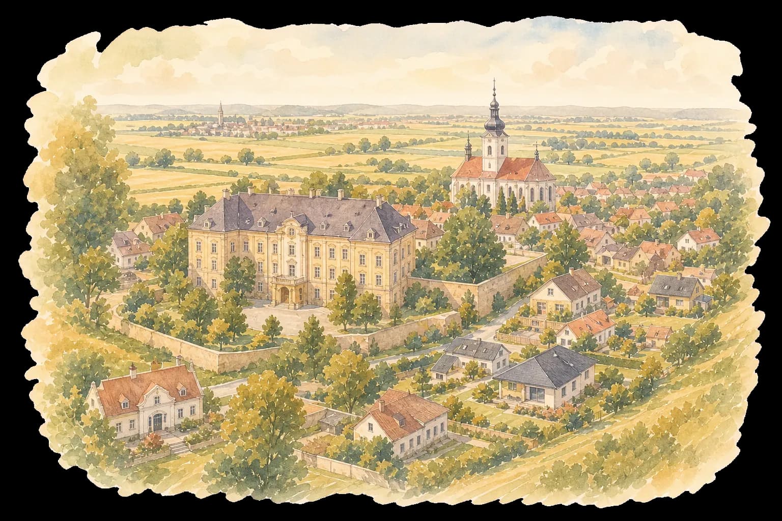 Akvarelová ilustrace Velkého Týnce se zámkem, kostelem a krajinou Hané