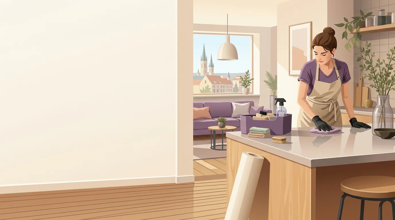 Ilustrovaný interiér olomouckého bytu během profesionální péče o domácnost