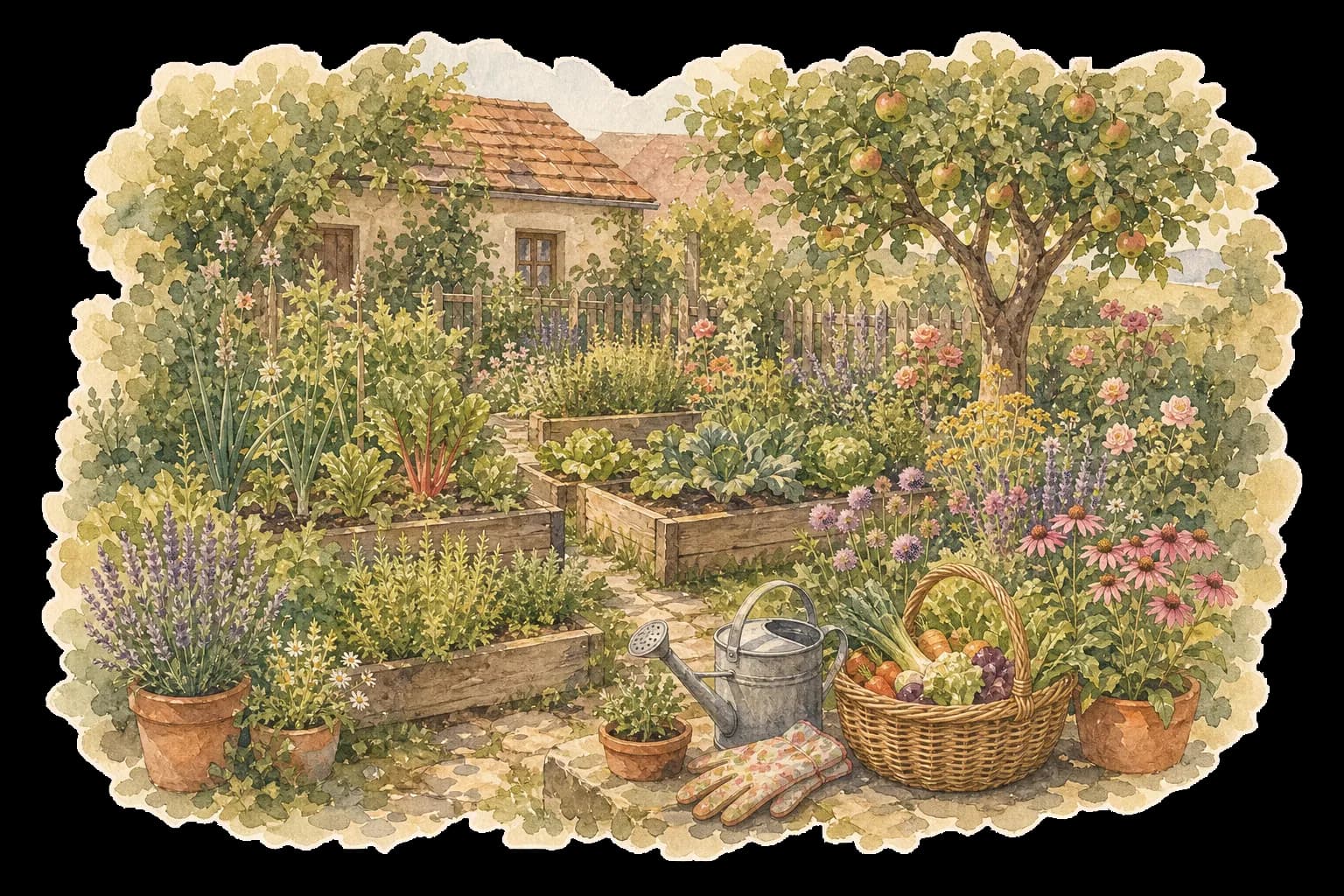 Akvarelová ilustrace rozkvetlé zahrady se záhony a konví
