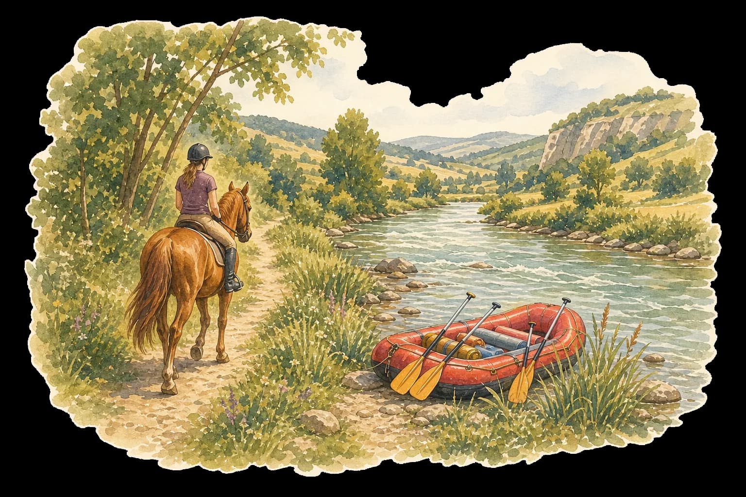 Akvarelová ilustrace projížďky na koni a raftu u řeky